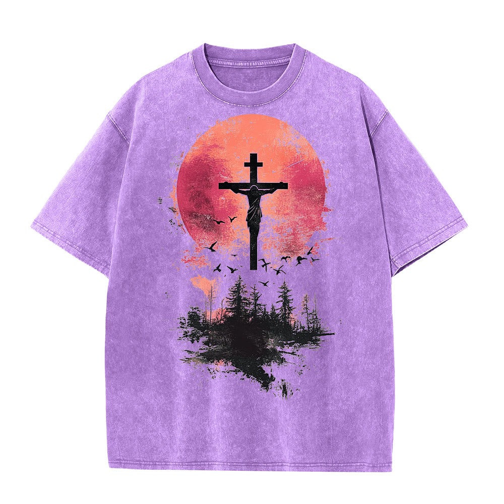 Christianartworkshop Divino Crocifisso su Paesaggio Naturale T-shirt unisex lavata - Viola - 5XL - image 0