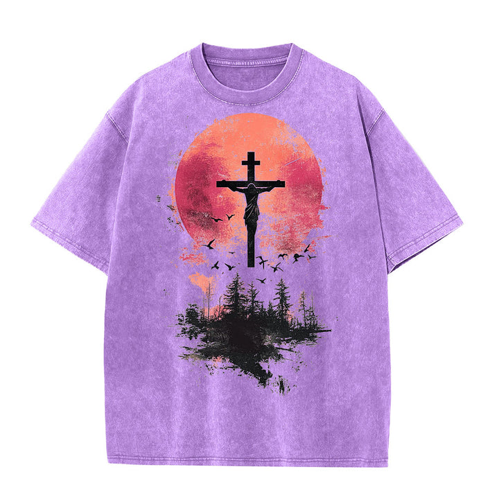 Christianartworkshop Divino Crocifisso su Paesaggio Naturale T-shirt unisex lavata - Viola - 5XL - image 0