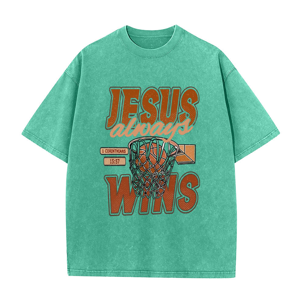Christianartworkshop Maglietta unisex lavata con grafica Jesus Always Wins Basketball - Verde - 5XL - image 4