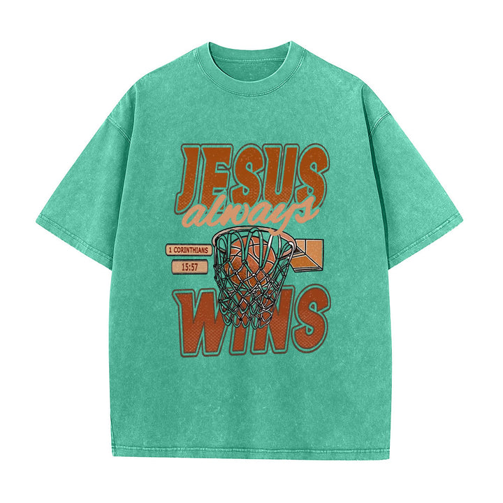 Christianartworkshop Maglietta unisex lavata con grafica Jesus Always Wins Basketball - Verde - 5XL - image 4