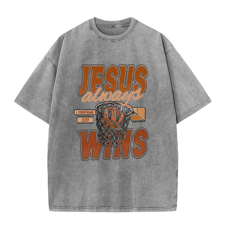 Christianartworkshop Maglietta unisex lavata con grafica Jesus Always Wins Basketball - Grigio - 5XL - image 5