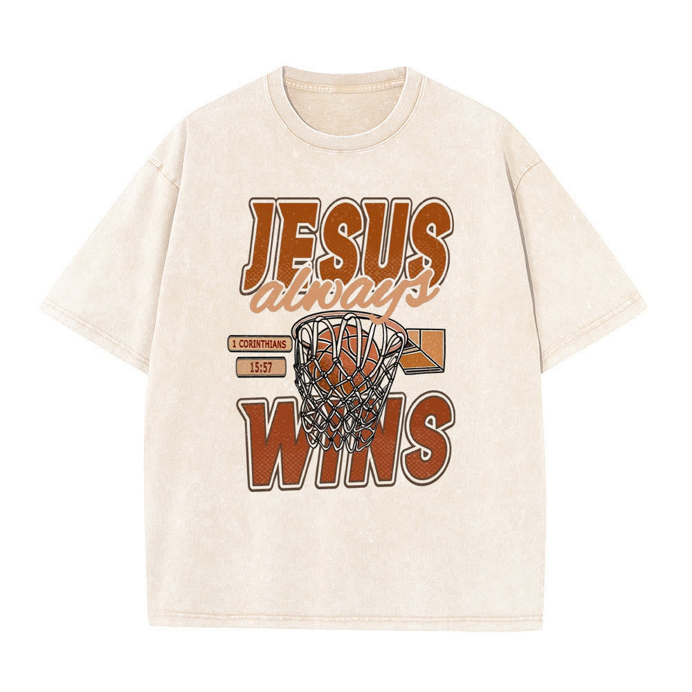 Christianartworkshop Maglietta unisex lavata con grafica Jesus Always Wins Basketball - Albicocca - 5XL - image 0