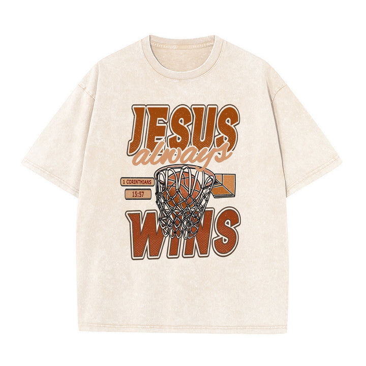 Christianartworkshop Maglietta unisex lavata con grafica Jesus Always Wins Basketball - Albicocca - 5XL - image 0