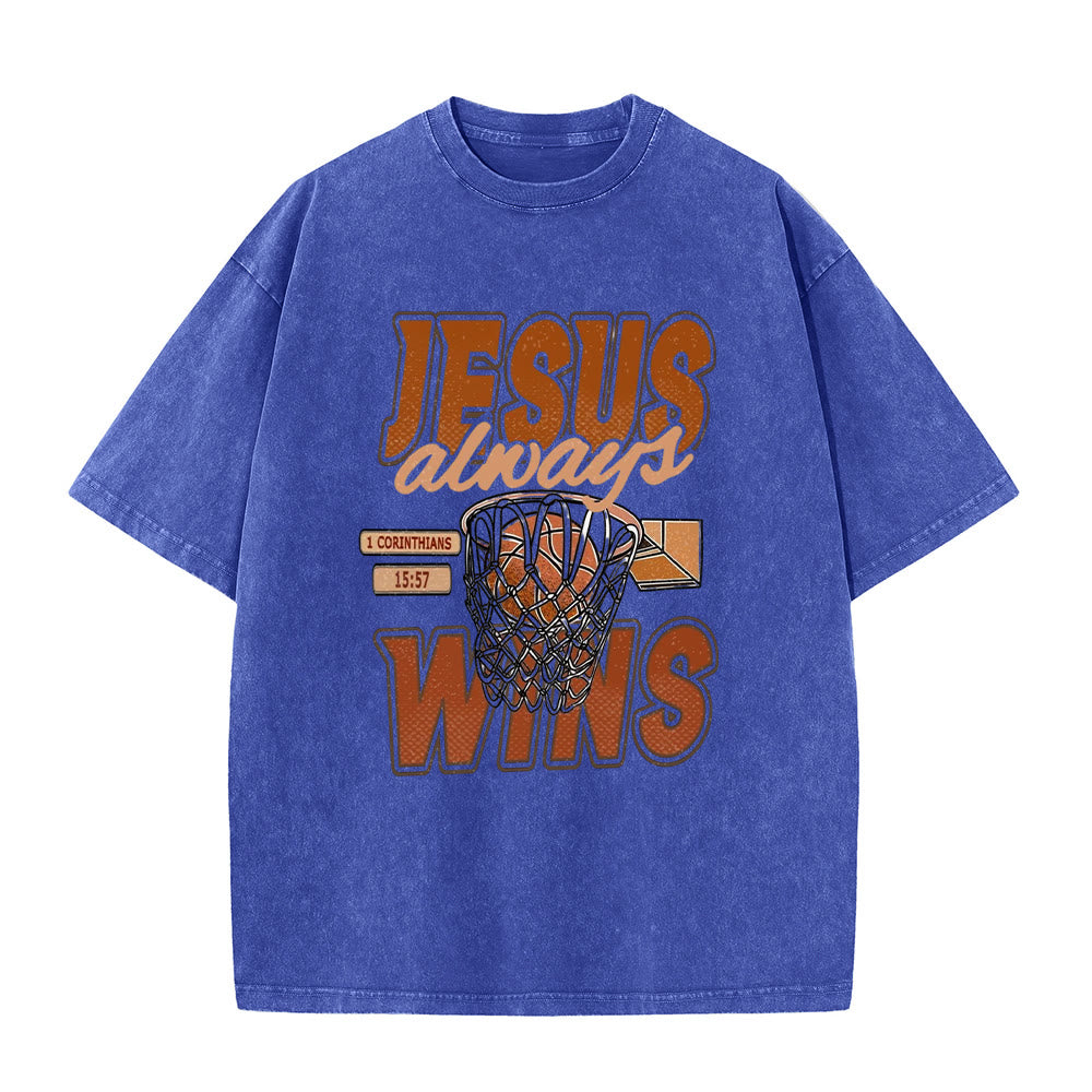 Christianartworkshop Maglietta unisex lavata con grafica Jesus Always Wins Basketball - Blu - 5XL - image 8