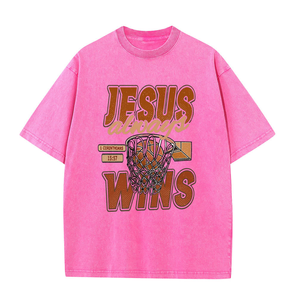 Christianartworkshop Maglietta unisex lavata con grafica Jesus Always Wins Basketball - Rosa - 5XL - image 3