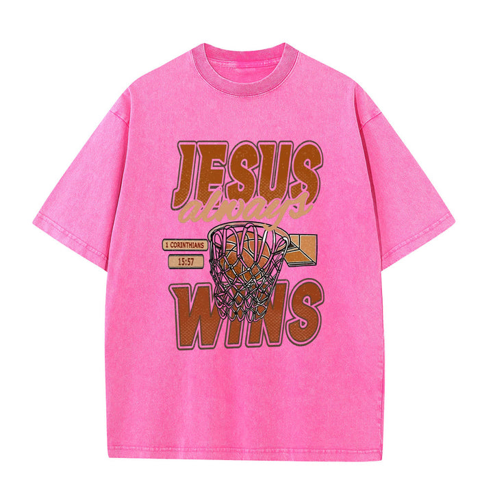 Christianartworkshop Maglietta unisex lavata con grafica Jesus Always Wins Basketball - Rosa - 5XL - image 3