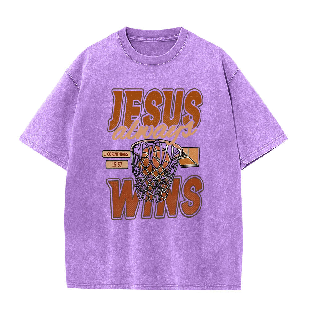 Christianartworkshop Maglietta unisex lavata con grafica Jesus Always Wins Basketball - Viola - 5XL - image 2