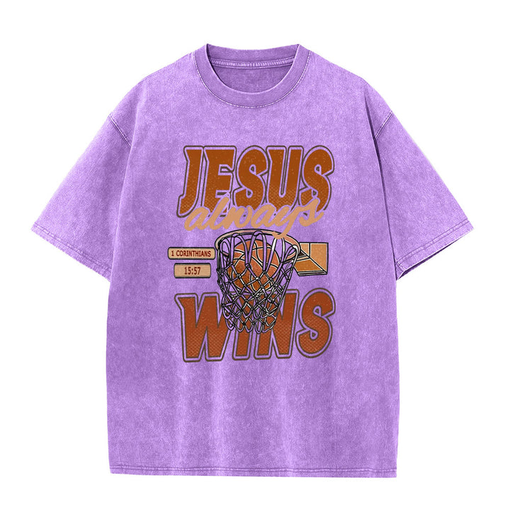 Christianartworkshop Maglietta unisex lavata con grafica Jesus Always Wins Basketball - Viola - 5XL - image 2