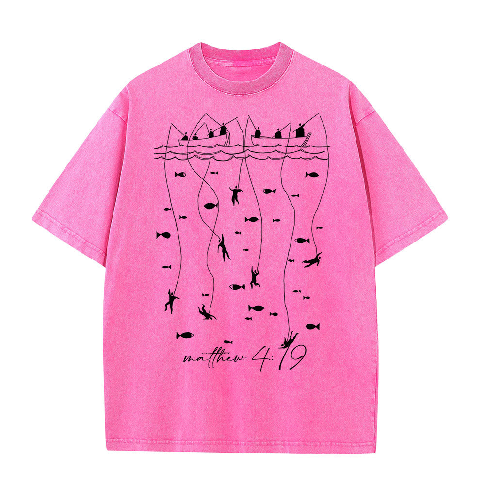 Christianartworkshop Maglietta unisex lavata con narrazione biblica di pesca - Rosa - 5XL - image 7