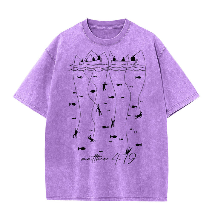 Christianartworkshop Maglietta unisex lavata con narrazione biblica di pesca - Viola - 5XL - image 2