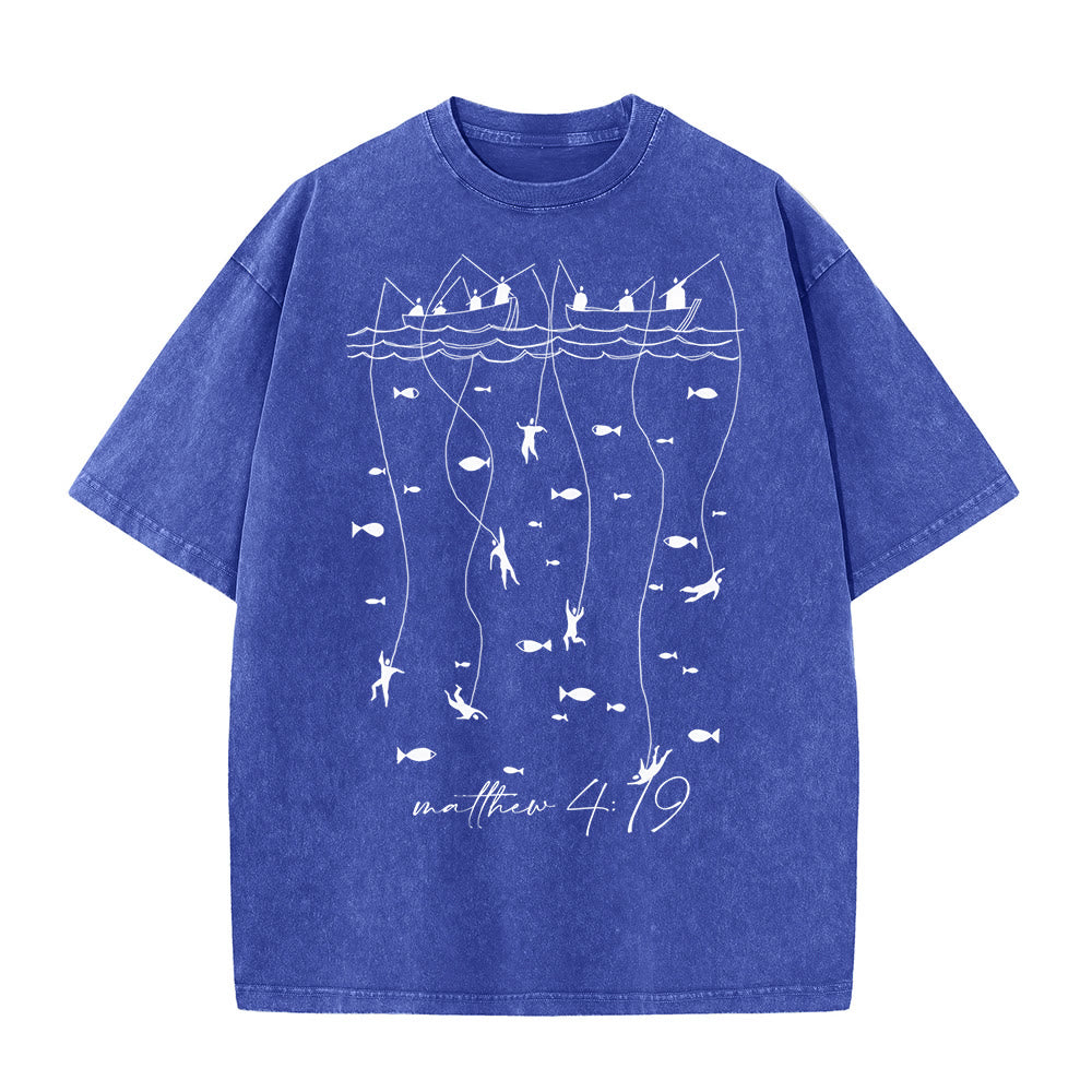 Christianartworkshop Maglietta unisex lavata con narrazione biblica di pesca - Blu - 5XL - image 0