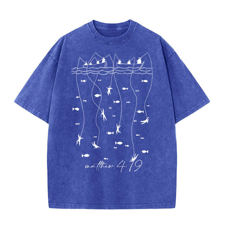 Christianartworkshop Maglietta unisex lavata con narrazione biblica di pesca - Blu - 5XL - image 0