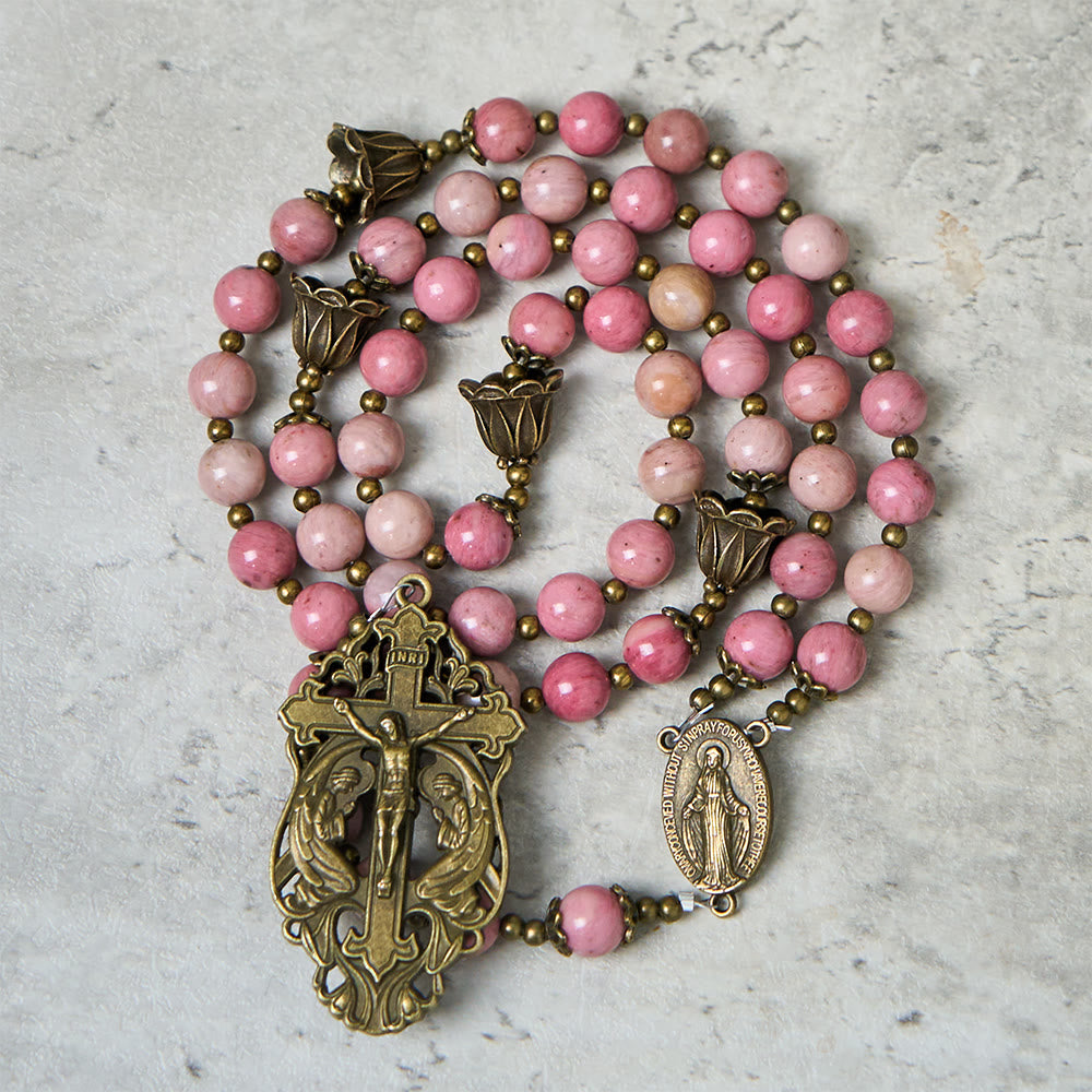 Christianartworkshop Rosario con motivo in palissandro e tulipano in bronzo: grazia costante nella preghiera - Rosa - image 0