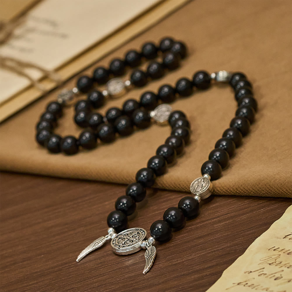 Christianartworkshop Braccialetto con perline di legno con medaglia miracolosa e San Benedetto - image 2