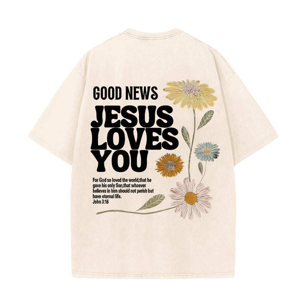 Christianartworkshop Maglietta unisex lavata "Good News Jesus Loves You" - Albicocca - 5XL - image 14