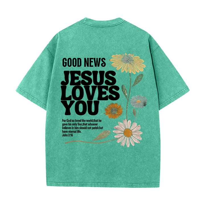 Christianartworkshop Maglietta unisex lavata "Good News Jesus Loves You" - Verde - 5XL - image 8