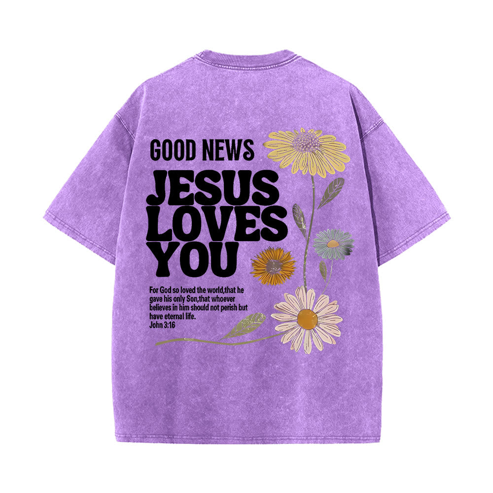 Christianartworkshop Maglietta unisex lavata "Good News Jesus Loves You" - Viola - 5XL - image 0