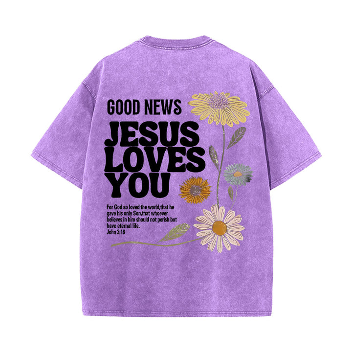 Christianartworkshop Maglietta unisex lavata "Good News Jesus Loves You" - Viola - 5XL - image 0