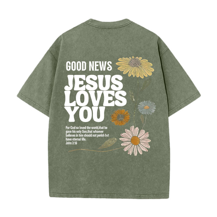 Christianartworkshop Maglietta unisex lavata "Good News Jesus Loves You" - Verde militare - 5XL - image 10