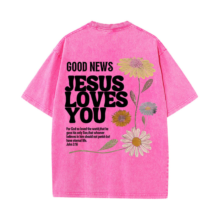 Christianartworkshop Maglietta unisex lavata "Good News Jesus Loves You" - Rosa - 5XL - image 6