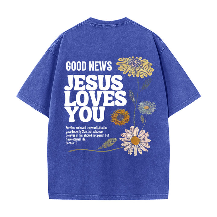 Christianartworkshop Maglietta unisex lavata "Good News Jesus Loves You" - Blu - 5XL - image 4