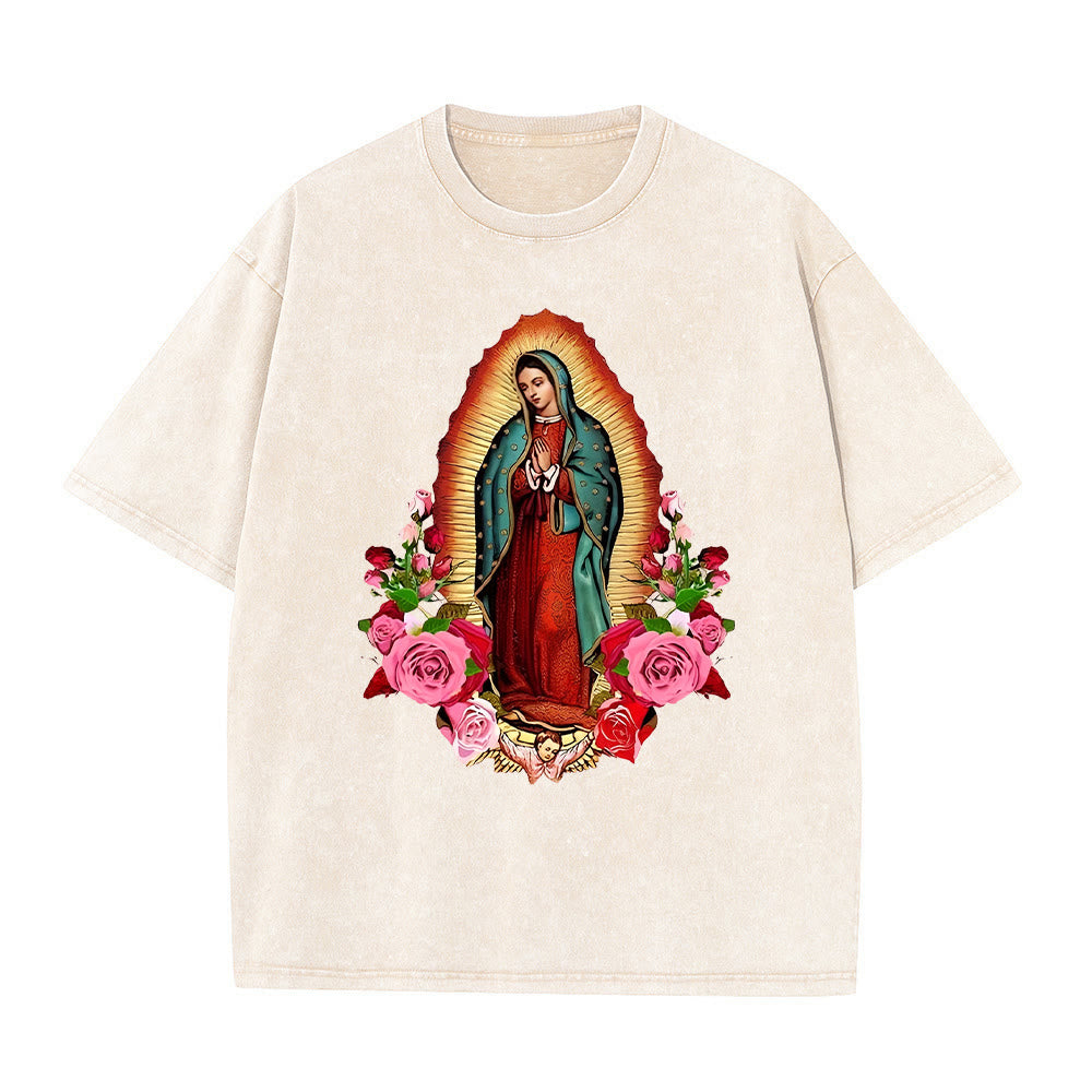 Christianartworkshop Maglietta unisex vintage lavata con motivo floreale di Nostra Signora di Guadalupe - Albicocca - 5XL - image 1