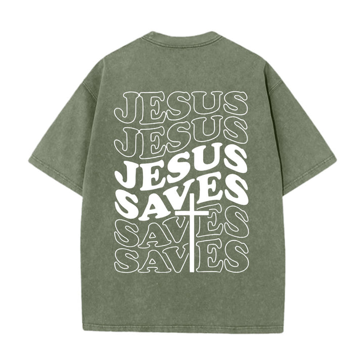 Christianartworkshop Gesù salva la croce T-shirt unisex lavata grafica - Verde militare - 5XL - image 2