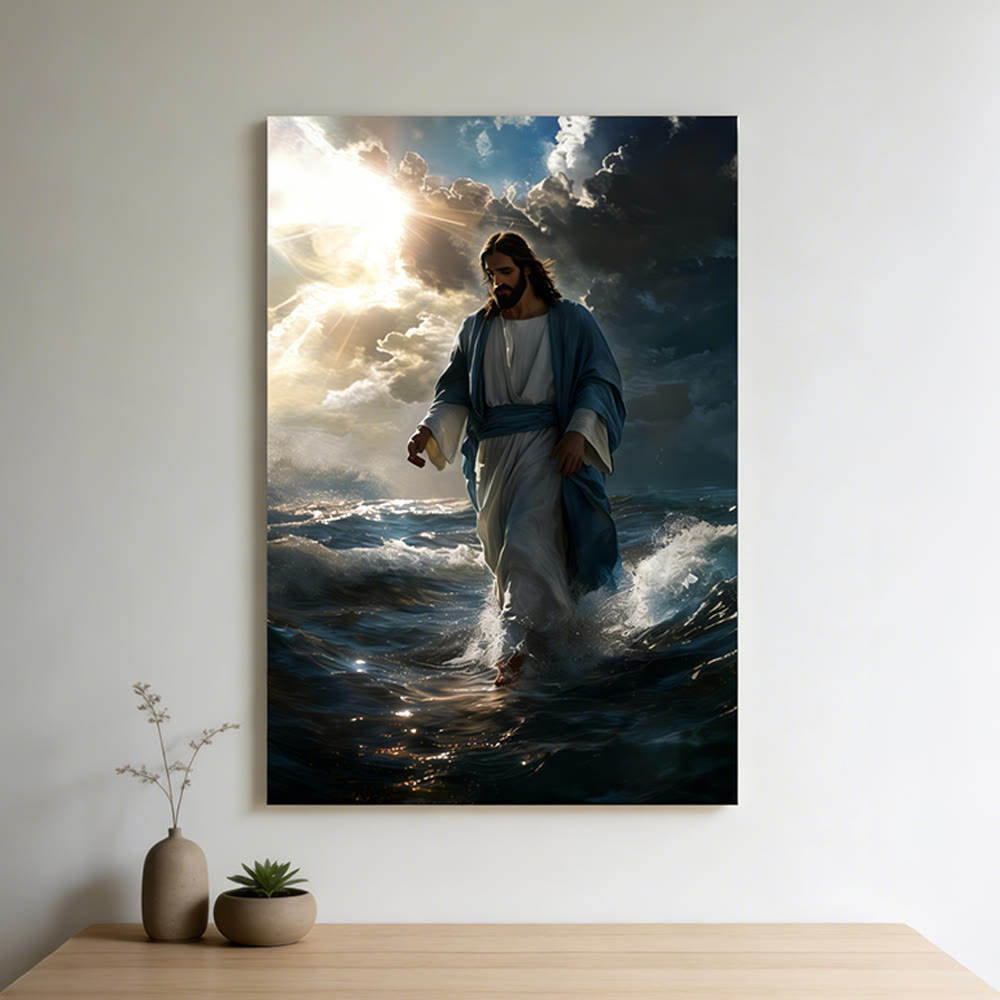 Christianartworkshop Gesù che cammina sull'acqua: stampa artistica da parete con calma divina e sacra sicurezza - Dipinto su tela incorniciato - 11,81''*15,75''0,71"/30*40*1,8 cm - image 0
