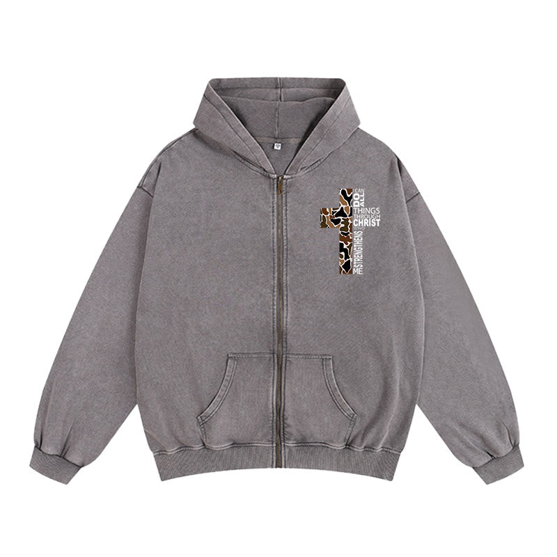 Christianartworkshop Giacca con cappuccio e zip con motivo a croce: Tutto in Cristo per la chiesa e la vita quotidiana - Grigio - 2XL - image 3