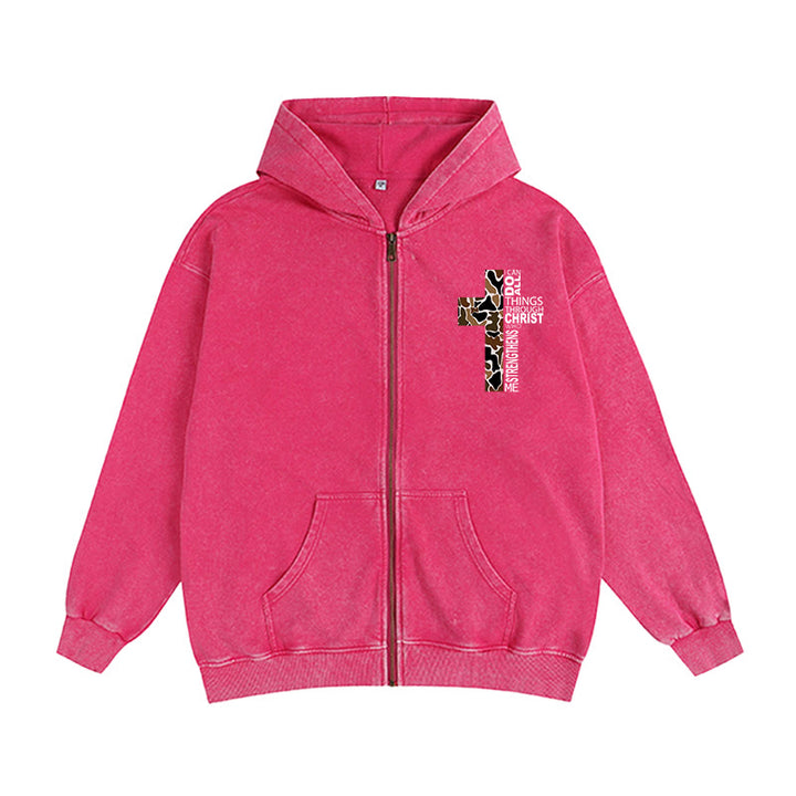 Christianartworkshop Giacca con cappuccio e zip con motivo a croce: Tutto in Cristo per la chiesa e la vita quotidiana - Rosa - 2XL - image 10