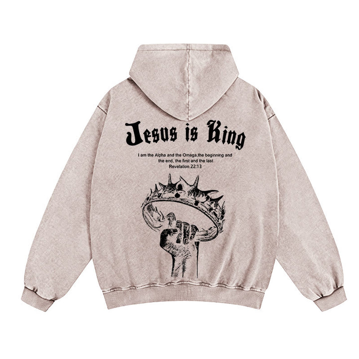 Christianartworkshop Giacca con cappuccio e cerniera Jesus is King: fede elegante con Apocalisse 22:13 - Albicocca - 2XL - image 0