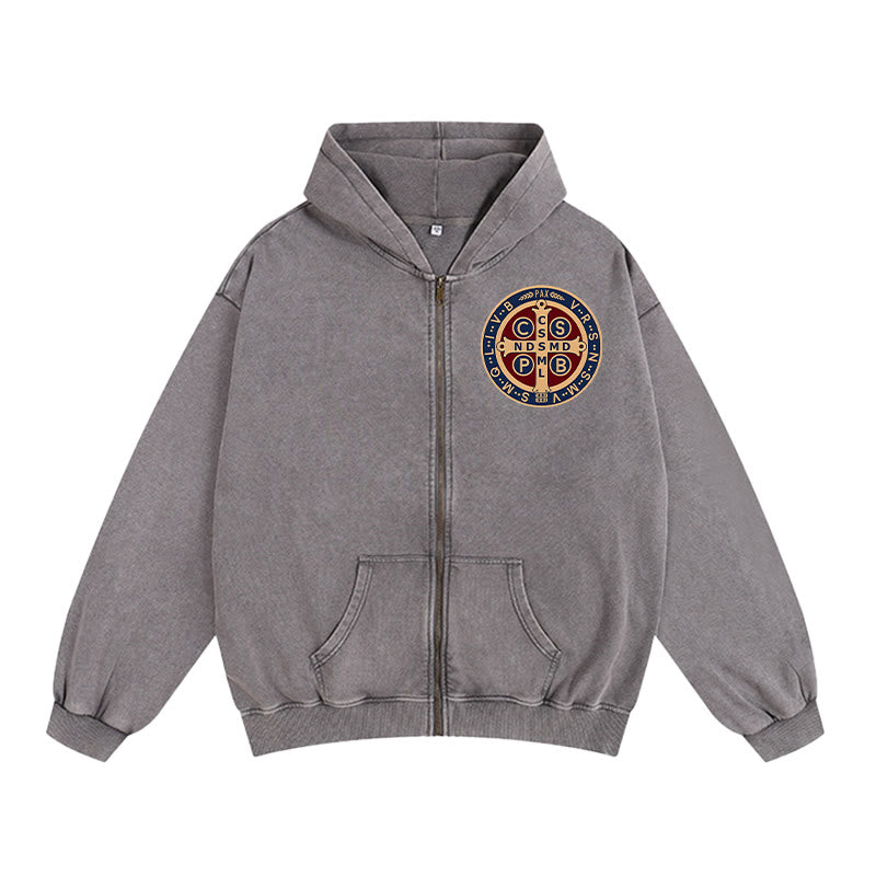 Giacca con cappuccio e cerniera con croce di San Benedetto Christianartworkshop : protezione della fede per l'uso quotidiano - Grigio - 2XL - image 0