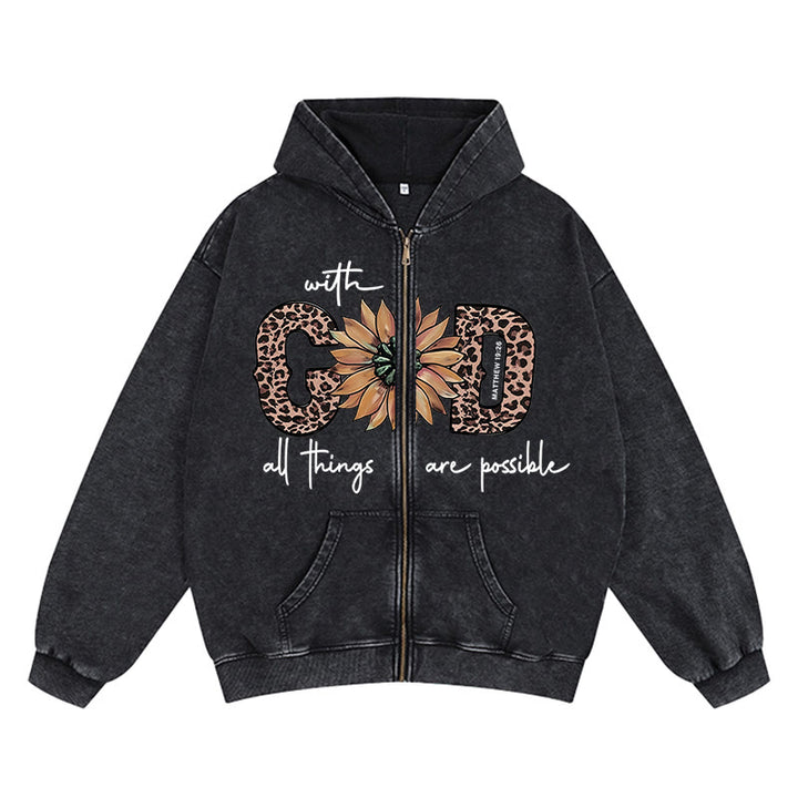Giacca con cappuccio e cerniera con grafica a girasole ispirata a Dio Christianartworkshop : promemoria di fede quotidiano - Nero - 2XL - image 3