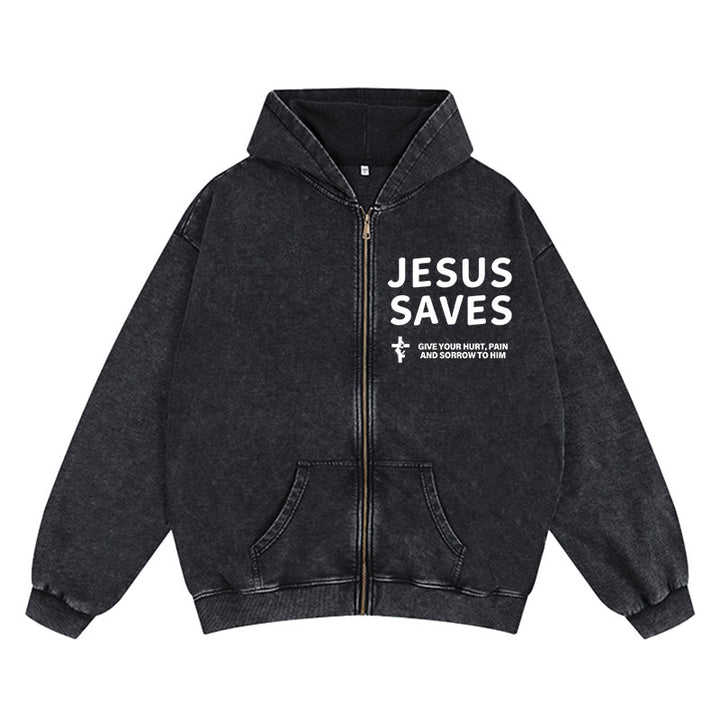 Christianartworkshop Giacca con cappuccio e zip "Jesus Saves Devotion": esprimi la tua fede nella vita di tutti i giorni con facilità - Nero - 2XL - image 0