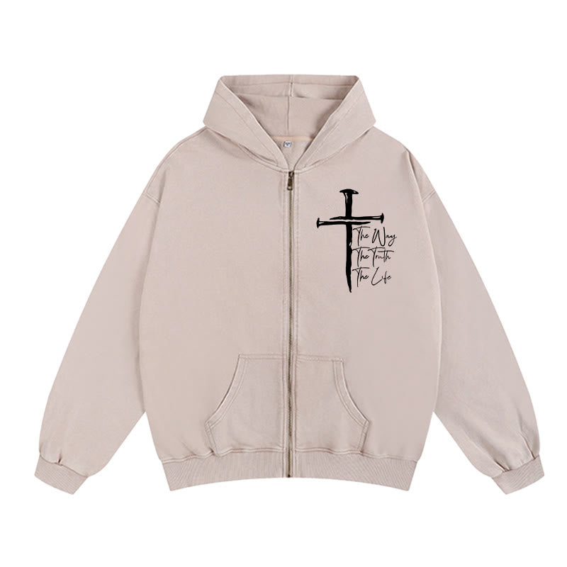 Giacca con cappuccio e cerniera "Fede Path Cross" Christianartworkshop : La via, la verità, la vita in abbigliamento casual - Albicocca - 2XL - image 0