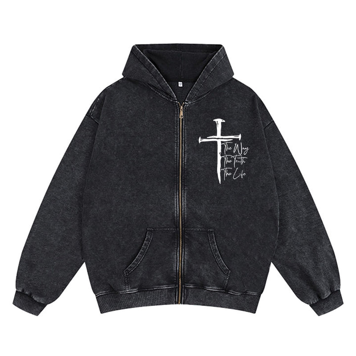 Giacca con cappuccio e cerniera "Fede Path Cross" Christianartworkshop : La via, la verità, la vita in abbigliamento casual - Nero - 2XL - image 3