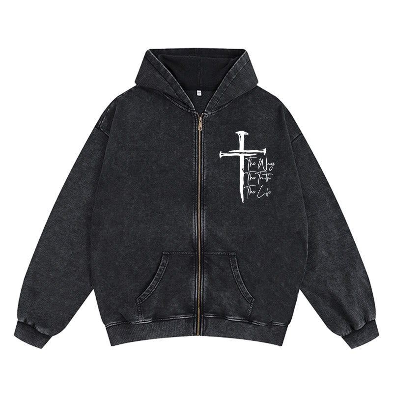 Christianartworkshop Faith Path Cross Zip-Up Hooded Jacket: The Way The Truth The Life in Casual Wear - Nero - 2XL - image 3