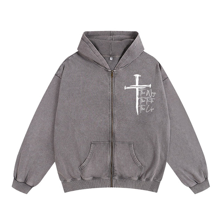 Giacca con cappuccio e cerniera "Fede Path Cross" Christianartworkshop : La via, la verità, la vita in abbigliamento casual - Grigio - 2XL - image 10