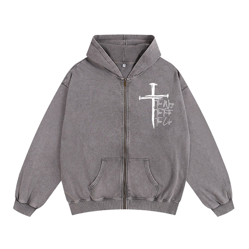Christianartworkshop Faith Path Cross Zip-Up Hooded Jacket: The Way The Truth The Life in Casual Wear - Grigio - 2XL - image 10
