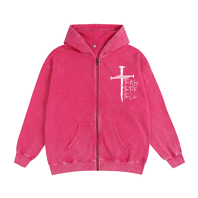 Christianartworkshop Faith Path Cross Zip-Up Hooded Jacket: The Way The Truth The Life in Casual Wear - Rosa - 2XL - image 6
