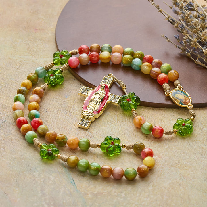 Christianartworkshop Rosario in vetro con fiori verdi e occhi di gatto pastello con croce della fede della Madonna - image 3
