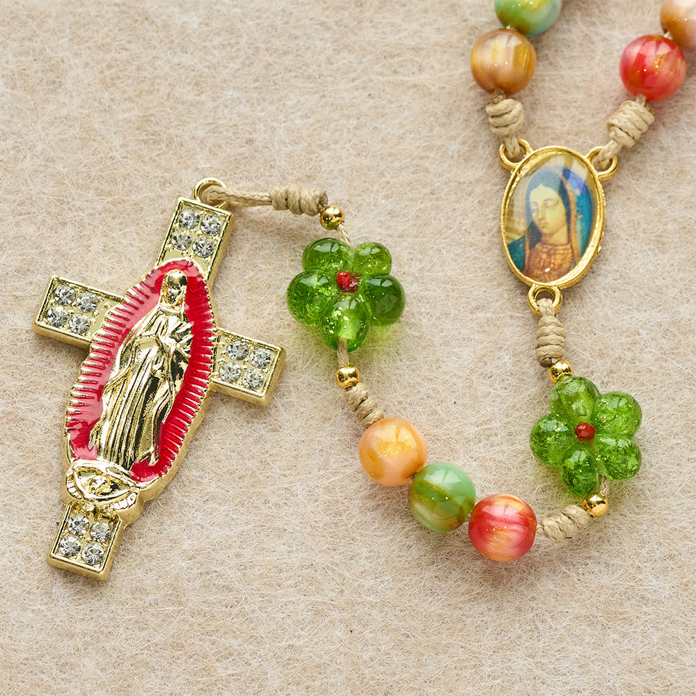 Christianartworkshop Rosario in vetro con fiori verdi e occhi di gatto pastello con croce della fede della Madonna - image 5