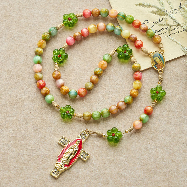 Christianartworkshop Rosario in vetro con fiori verdi e occhi di gatto pastello con croce della fede della Madonna - image 2
