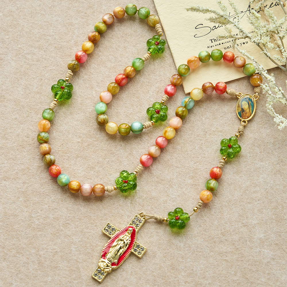 Christianartworkshop Rosario in vetro con fiori verdi e occhi di gatto pastello con croce della fede della Madonna - image 1