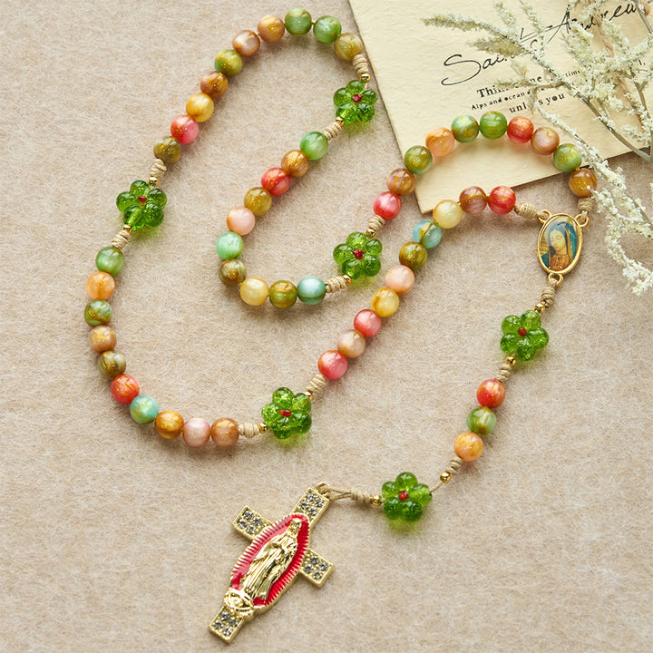 Christianartworkshop Rosario in vetro con fiori verdi e occhi di gatto pastello con croce della fede della Madonna - image 1