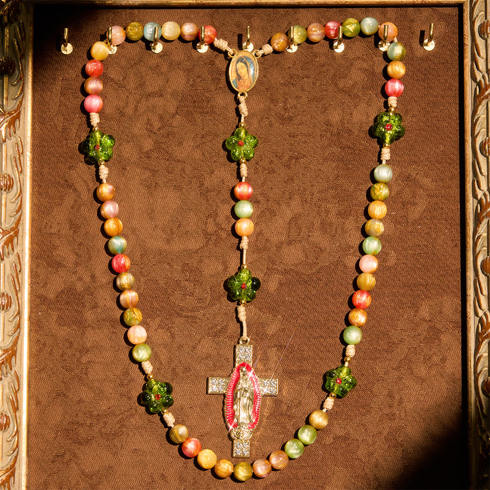 Christianartworkshop Rosario in vetro con fiori verdi e occhi di gatto pastello con croce della fede della Madonna - image 7