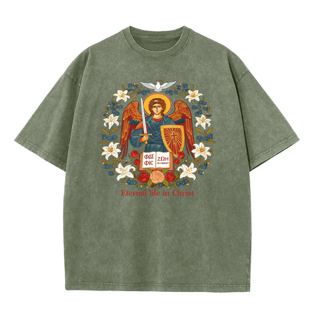 Christianartworkshop Vita eterna in Cristo Angelo Graphic T-shirt unisex lavata - Verde militare - 5XL - image 3