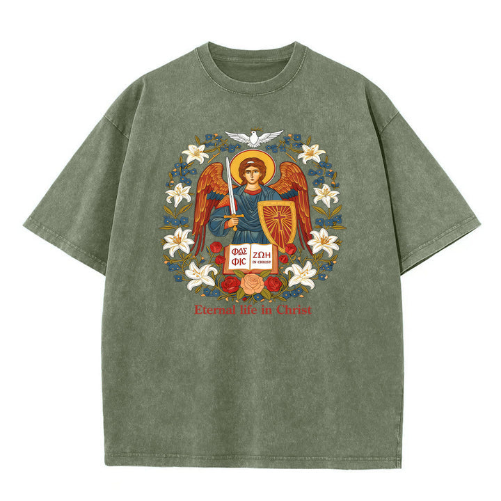 Christianartworkshop Vita eterna in Cristo Angelo Graphic T-shirt unisex lavata - Verde militare - 5XL - image 3