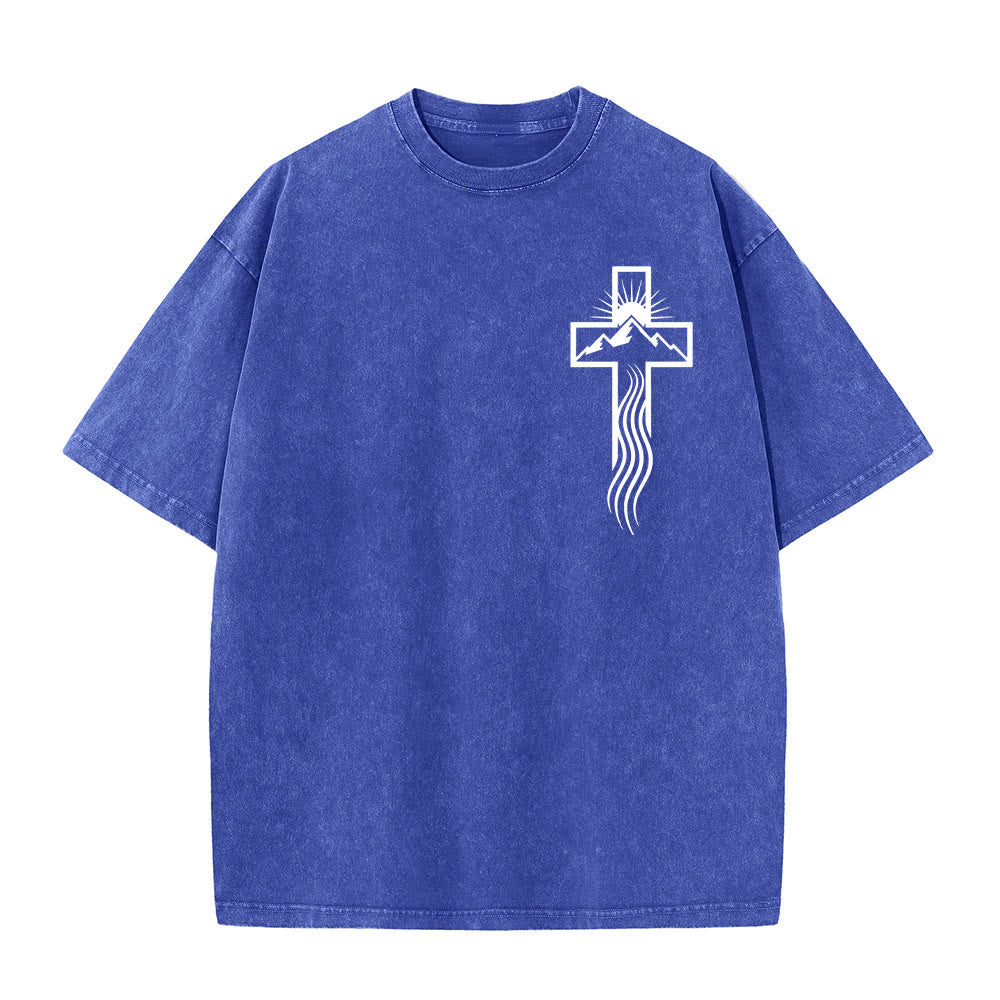 Christianartworkshop Maglietta unisex lavata con simbolo grafico della croce e della natura - Blu - 5XL - image 2