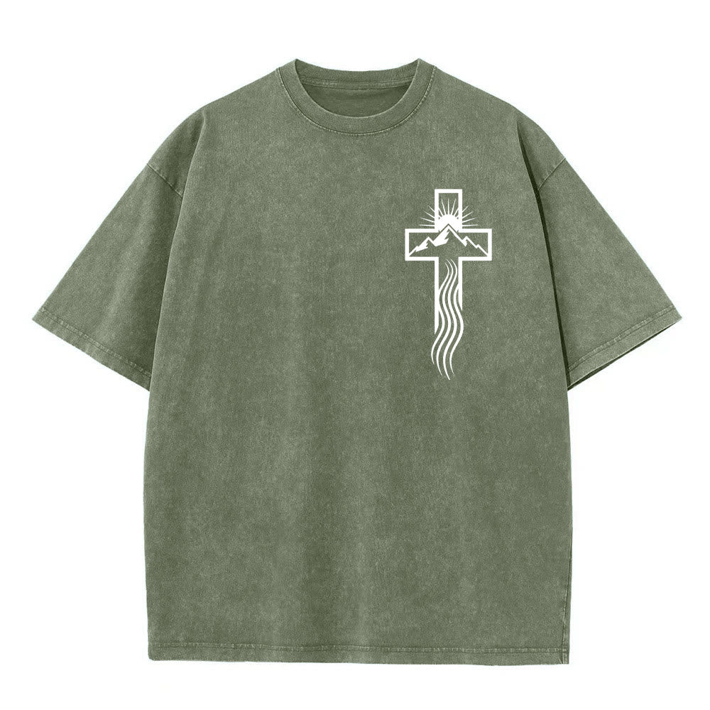 Christianartworkshop Maglietta unisex lavata con simbolo grafico della croce e della natura - Verde militare - 5XL - image 5
